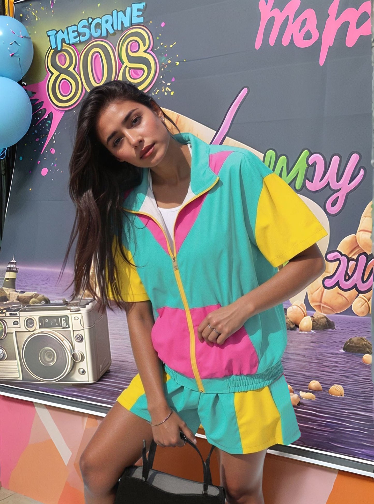 UOUA Women's 80s Color Block Outfits 2 Piece Tracksuit 90s Party Costume Summer Zip Up Windbreaker & Short Sets