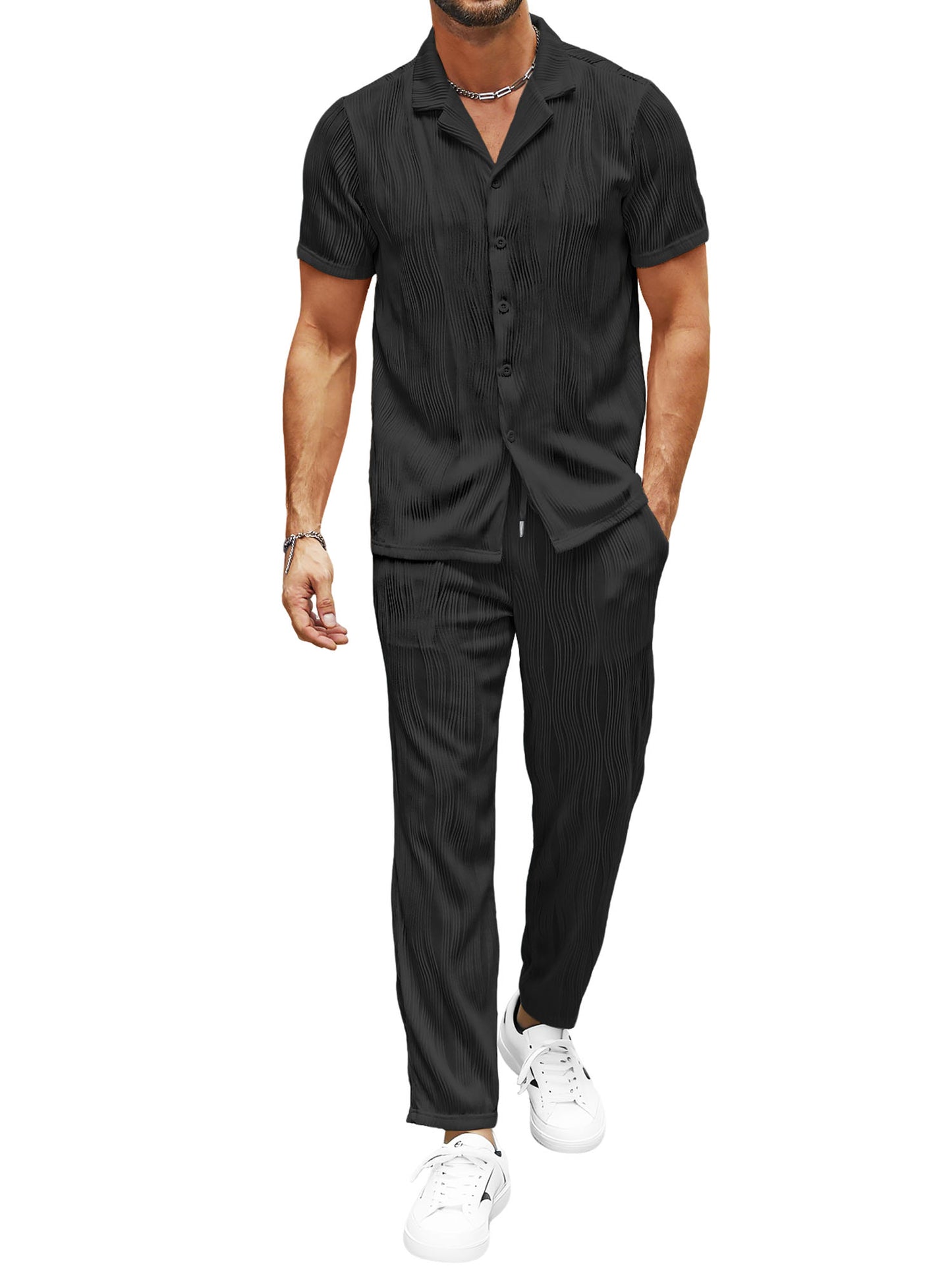 UOUA Mens 2 Piece Outfits Casual short Sleeve Button Down Shirt & Pants Sets Beach Summer Loose Pant Suits