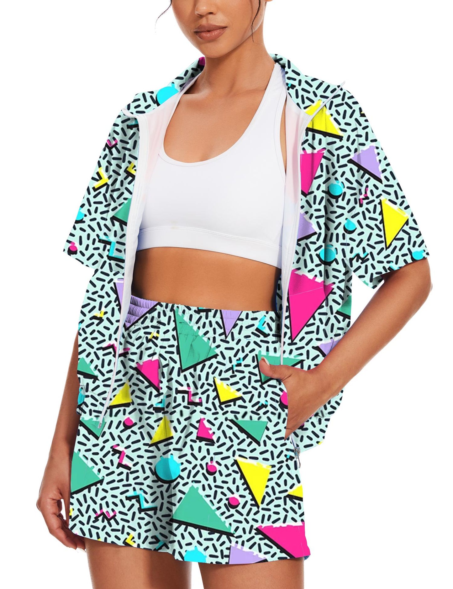 UOUA Women's 80s Color Block Outfits 2 Piece Tracksuit 90s Party Costume Summer Zip Up Windbreaker & Short Sets