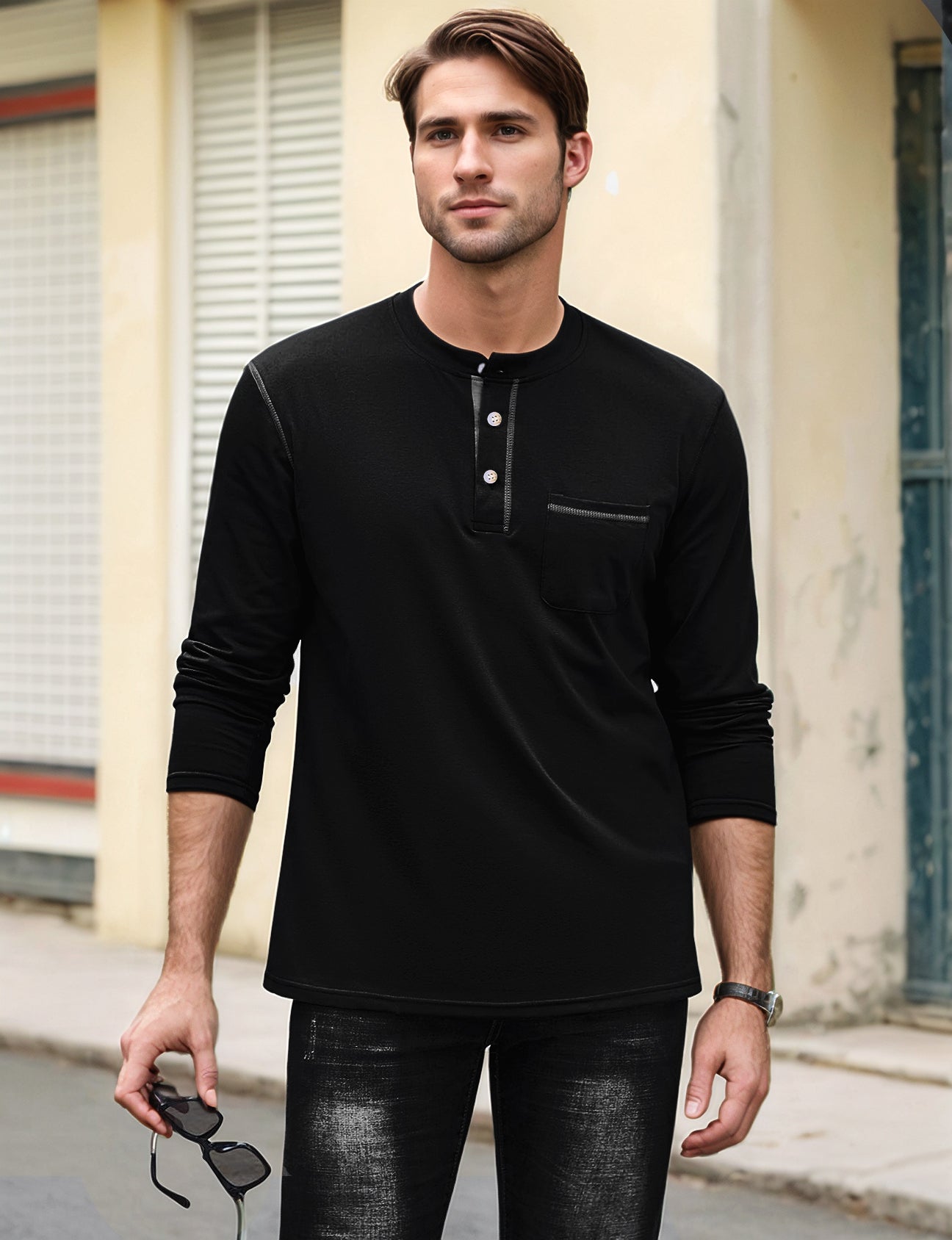2pcs Men's Henley Shirts Long Sleeve Casual T-Shirts Cotton Basic Tops