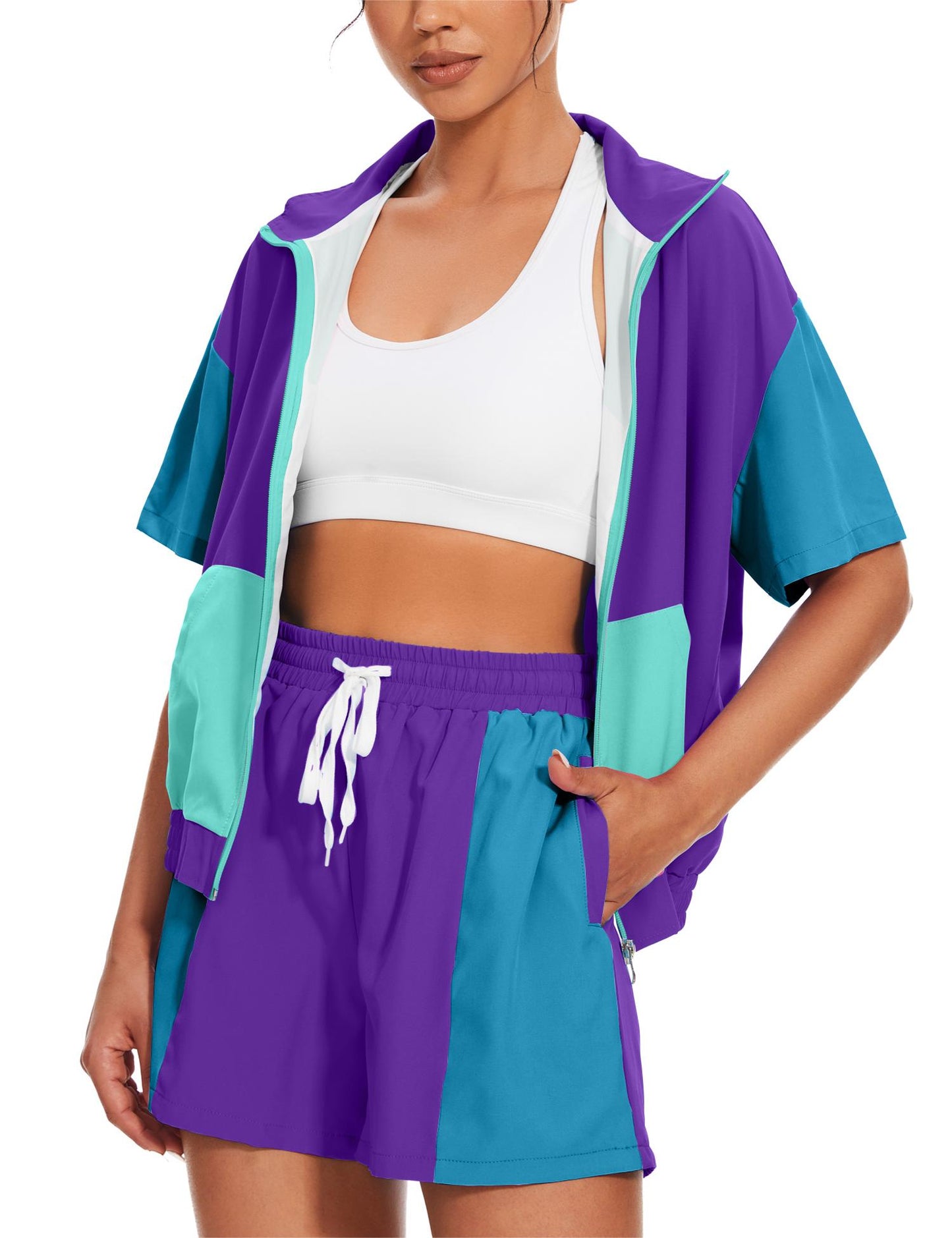 UOUA Women's 80s Color Block Outfits 2 Piece Tracksuit 90s Party Costume Summer Zip Up Windbreaker & Short Sets