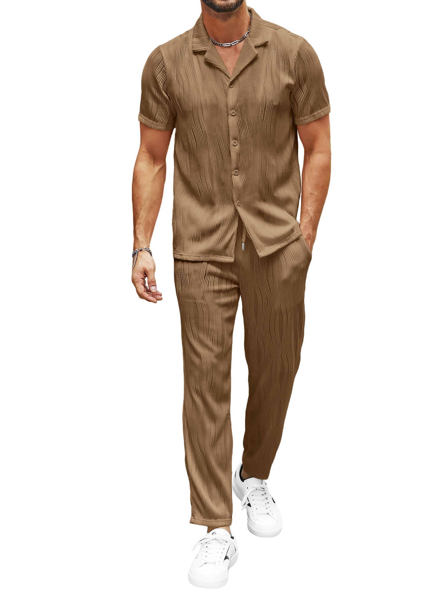 UOUA Mens 2 Piece Outfits Casual short Sleeve Button Down Shirt & Pants Sets Beach Summer Loose Pant Suits