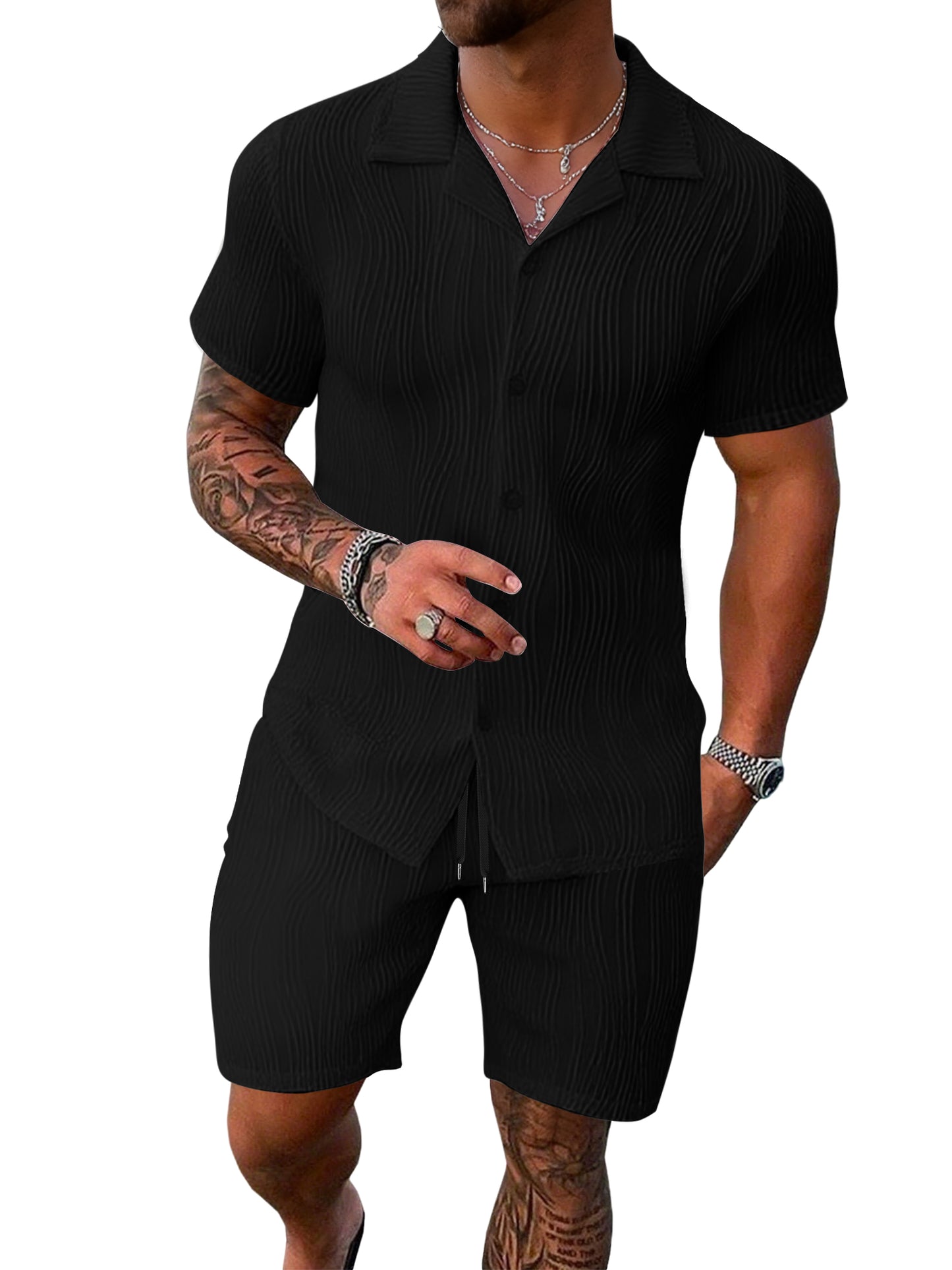 UOUA Summer Outfits for Men 2 Piece Short Sleeve Button Down Shirt & Shorts Set Casual
