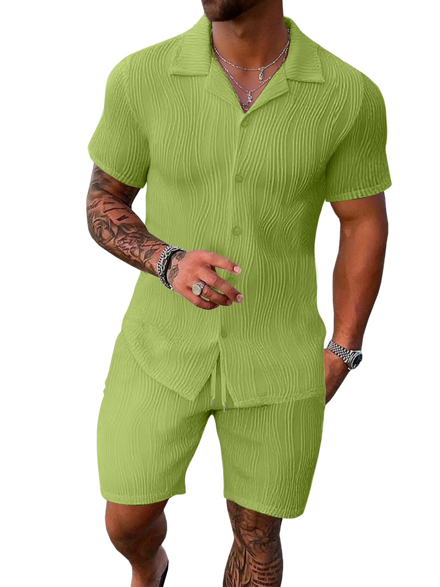 UOUA Summer Outfits for Men 2 Piece Short Sleeve Button Down Shirt & Shorts Set Casual