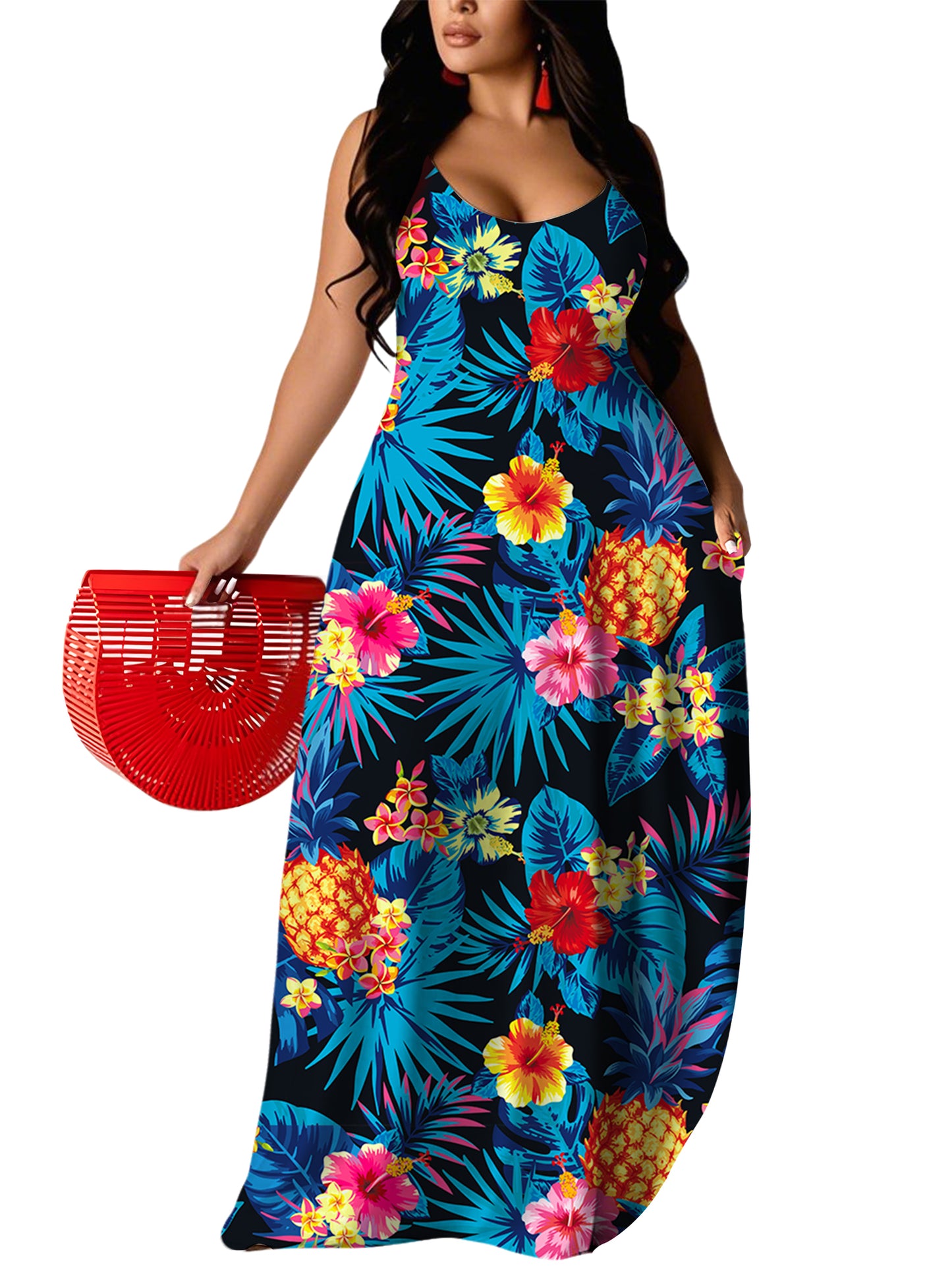 UOUA Hawaiian Dresses Women Plus Size Luau Sundress Summer Maxi Tropical Boho Beach Dress