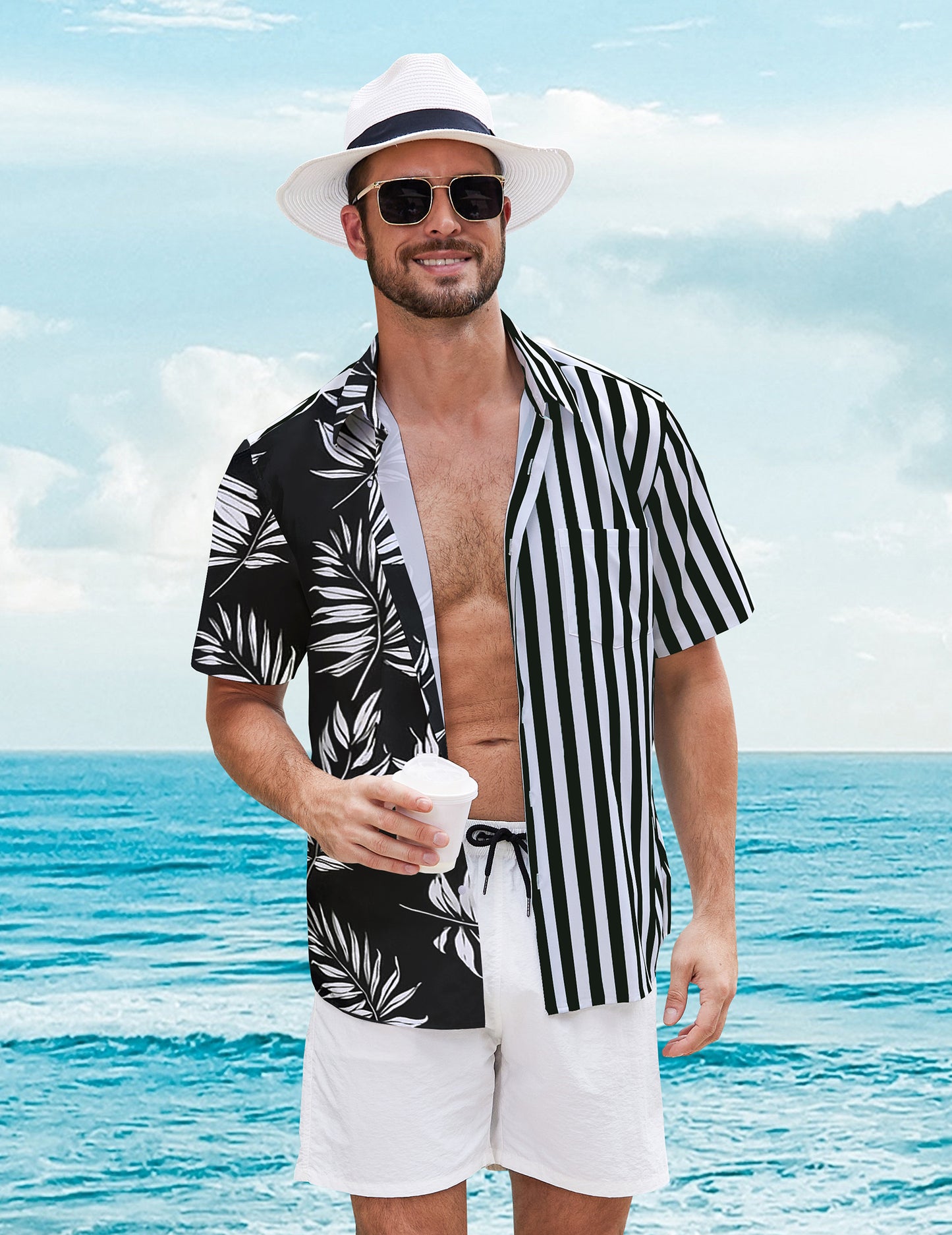 UOUA Mens Hawaiian Shirt Short Sleeve Button Down Shirts Summer Tropical Printed Beach Tops