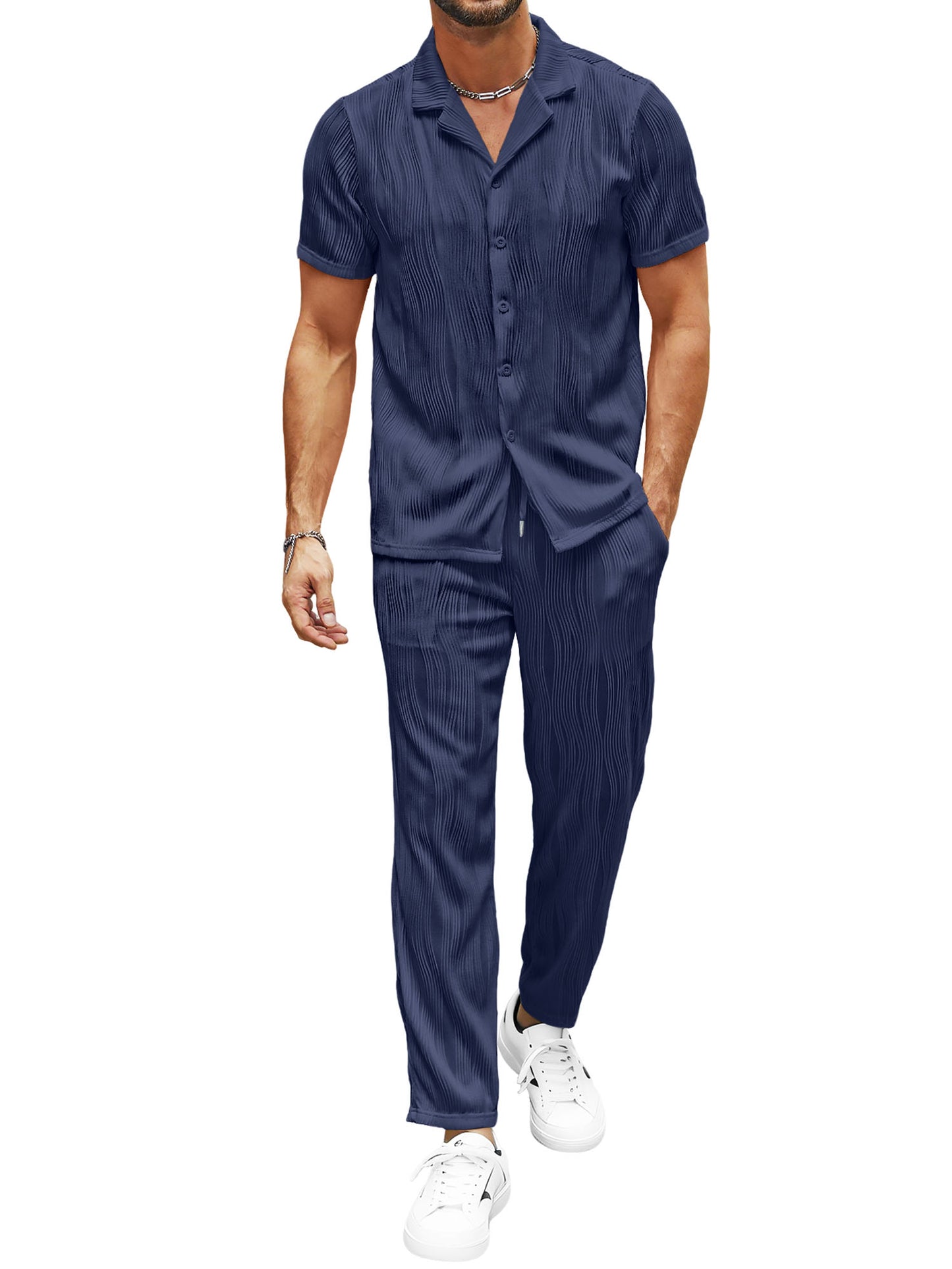 UOUA Mens 2 Piece Outfits Casual short Sleeve Button Down Shirt & Pants Sets Beach Summer Loose Pant Suits
