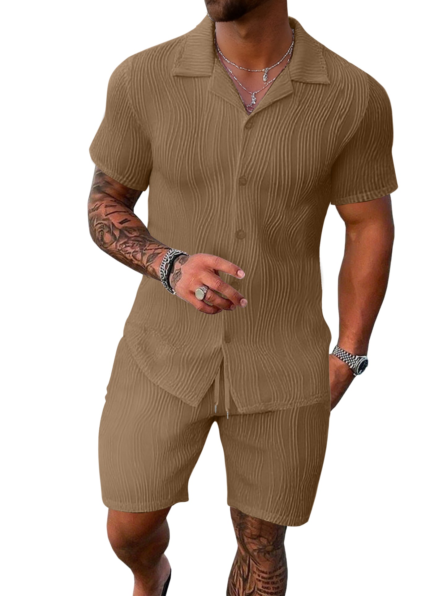 UOUA Summer Outfits for Men 2 Piece Short Sleeve Button Down Shirt & Shorts Set Casual