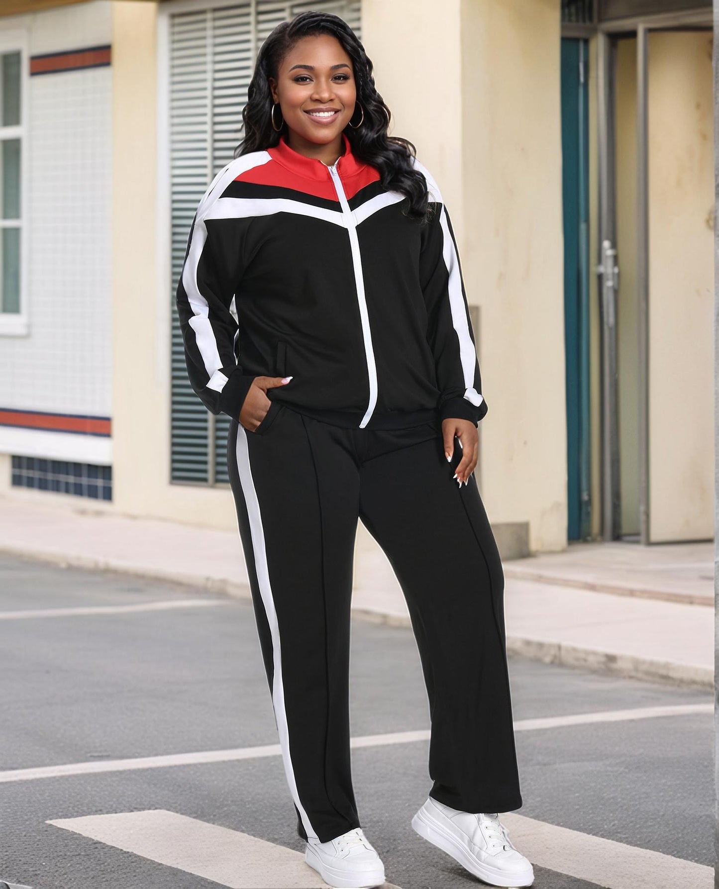 UOUA Plus Size Jogging Suit Sets Women 2 Piece Sweatsuits Long Sleeve Jacket & Jogger Pants Tracksuit Outfit