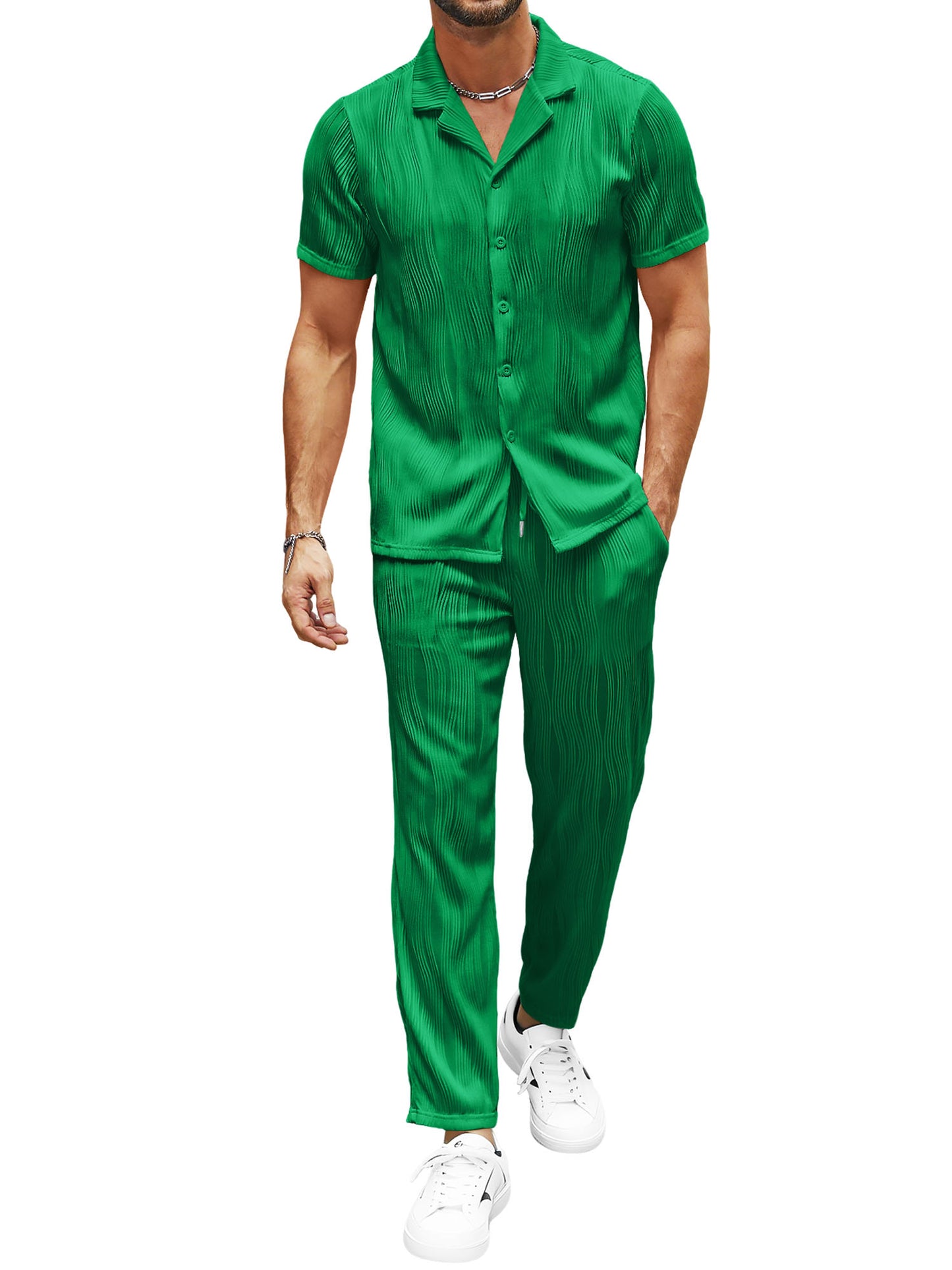 UOUA Mens 2 Piece Outfits Casual short Sleeve Button Down Shirt & Pants Sets Beach Summer Loose Pant Suits