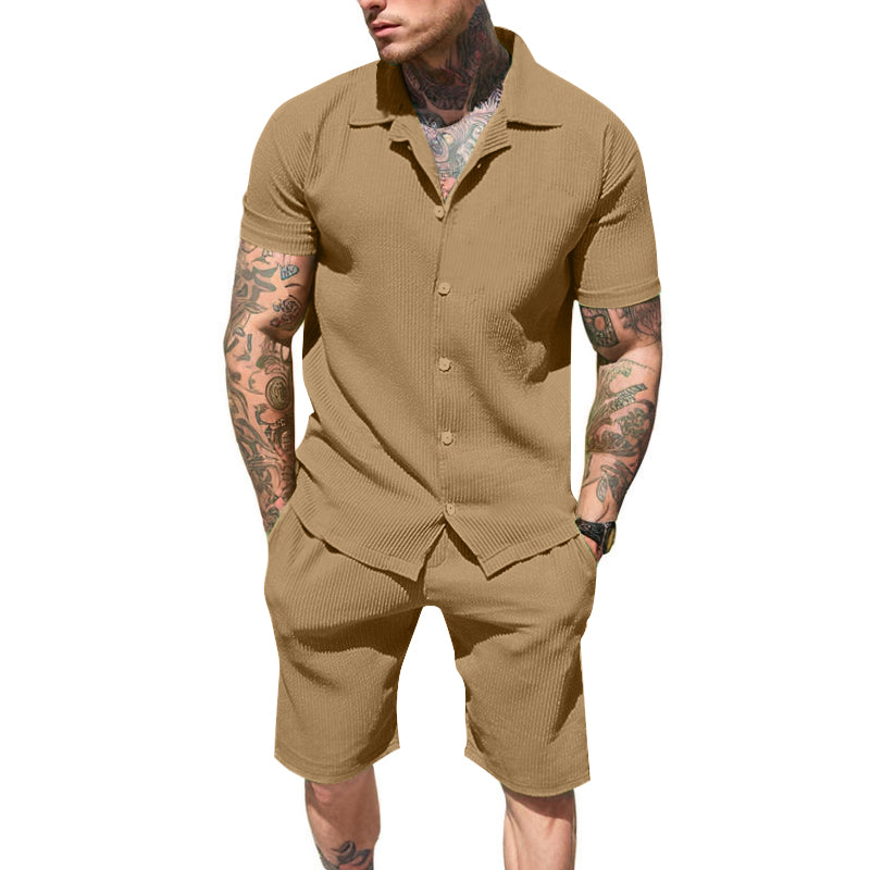 UOUA 2 Piece Short Sets for Men Summer Beach Outfits Stripe Texture Button Down Shirts & Shorts Casual Vacation Set