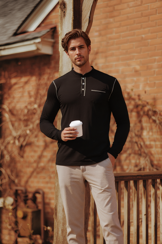 2pcs Men's Henley Shirts Long Sleeve Casual T-Shirts Cotton Basic Tops