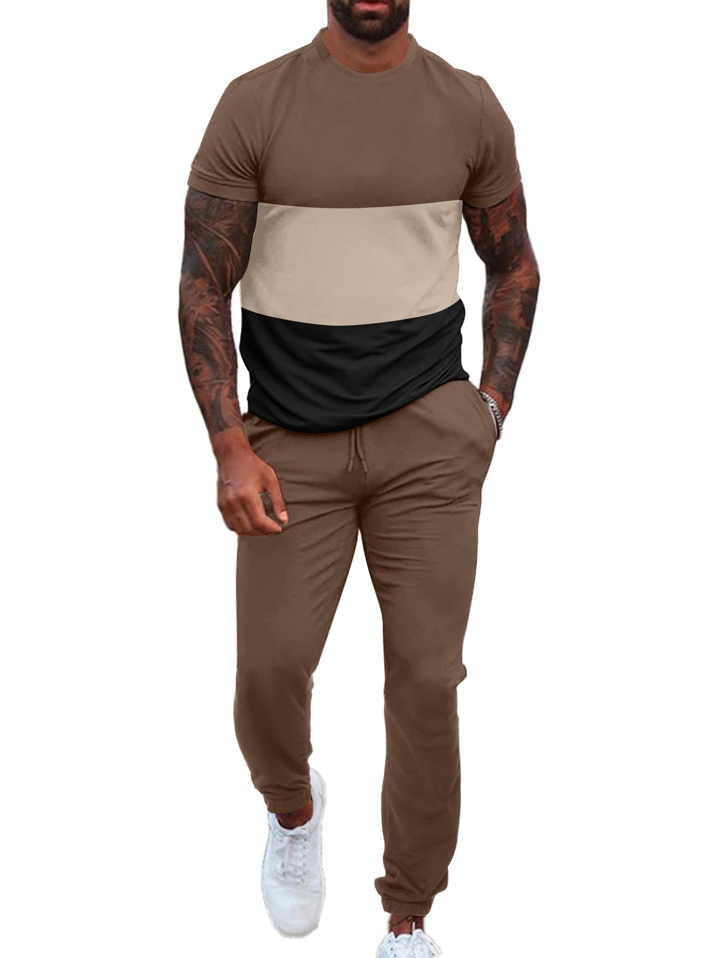 UOUA Mens 2 Piece Sweatsuits Outfits Short Sleeve Pullover Loungewear & Joggers Sweatpants Summer Casual Track Suits Set