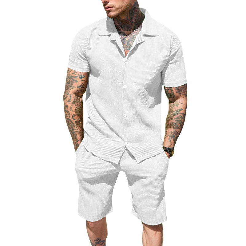UOUA 2 Piece Short Sets for Men Summer Beach Outfits Stripe Texture Button Down Shirts & Shorts Casual Vacation Set
