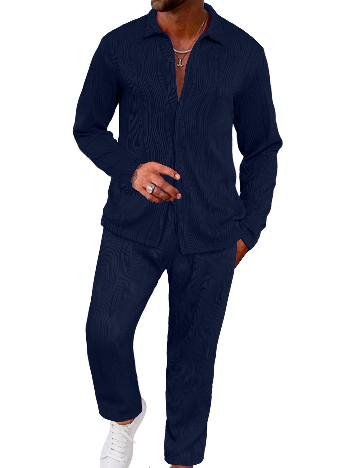 UOUA Mens 2 Piece Outfits Casual Long Sleeve Button Down Shirt & Pants Sets Beach Summer Loose Pant Suits