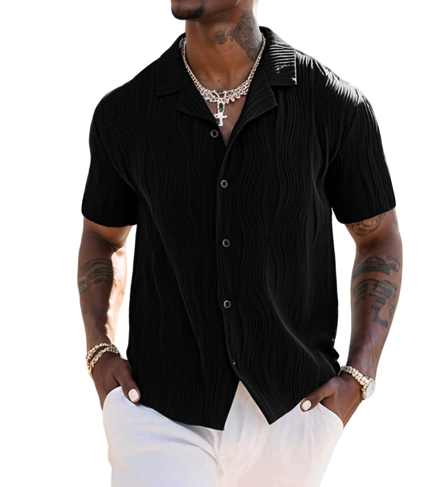 UOUA Men's Summer Button Down Shirts Casual Short Sleeve Textured Beach Shirt