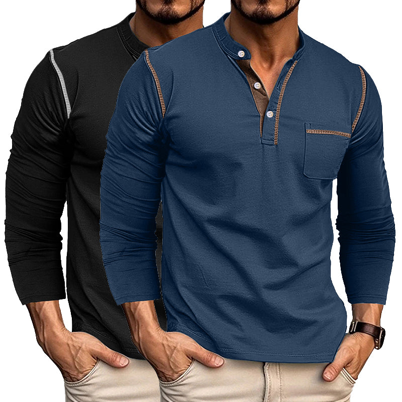 2pcs Men's Henley Shirts Long Sleeve Casual T-Shirts Cotton Basic Tops