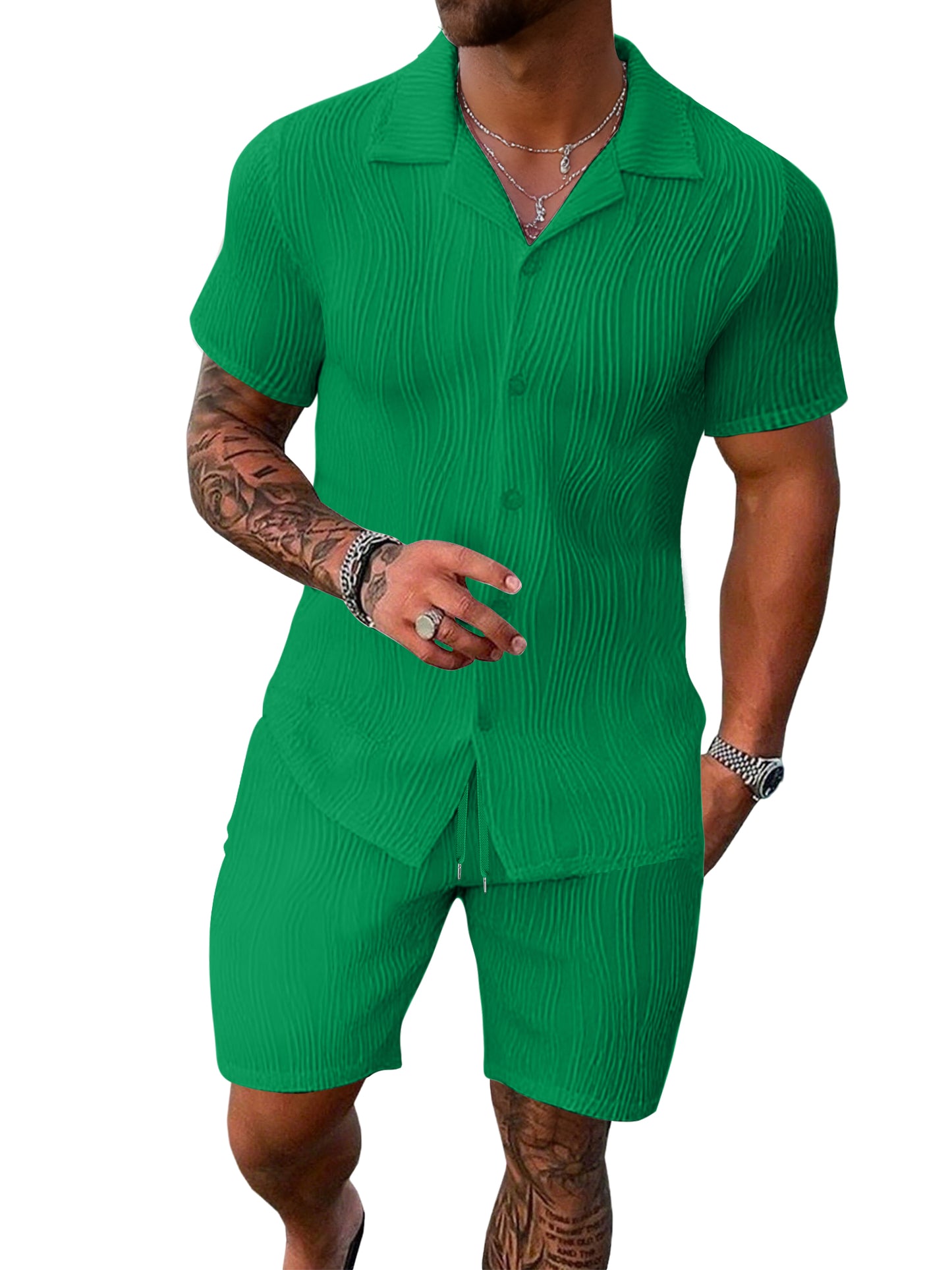 UOUA Summer Outfits for Men 2 Piece Short Sleeve Button Down Shirt & Shorts Set Casual