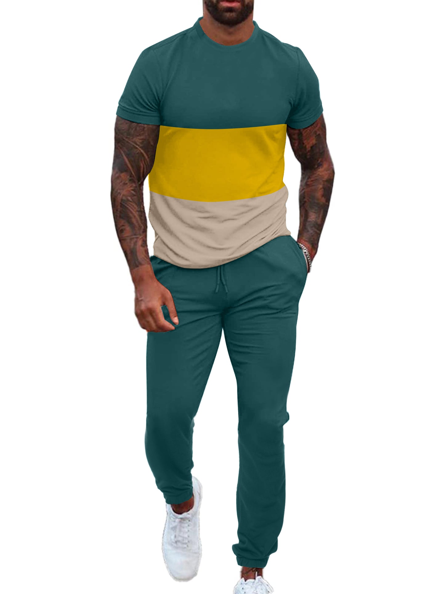 UOUA Mens 2 Piece Sweatsuits Outfits Short Sleeve Pullover Loungewear & Joggers Sweatpants Summer Casual Track Suits Set