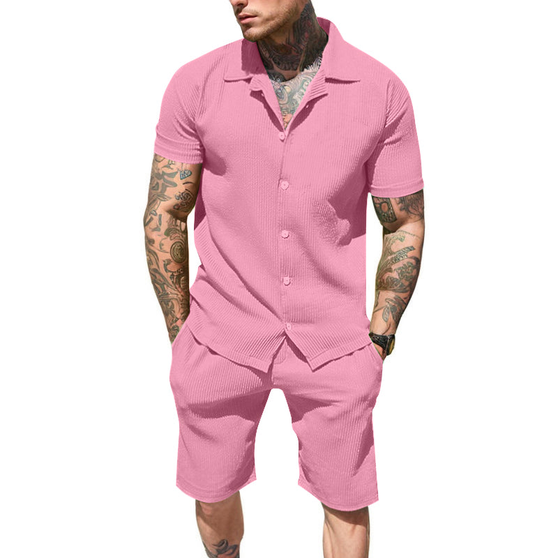 UOUA 2 Piece Short Sets for Men Summer Beach Outfits Stripe Texture Button Down Shirts & Shorts Casual Vacation Set