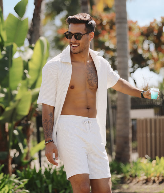 UOUA 2 Piece Short Sets for Men Summer Beach Outfits Stripe Texture Button Down Shirts & Shorts Casual Vacation Set