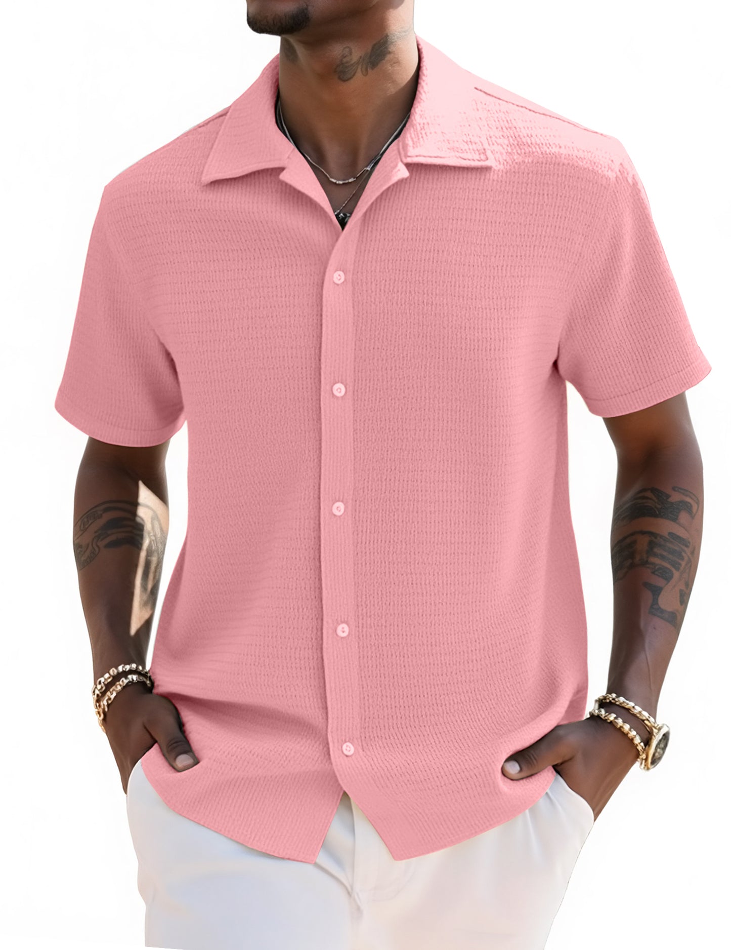 UOUA Men's Casual Button Down Shirts Short Sleeve Summer Textured Tops for Beach Vacation