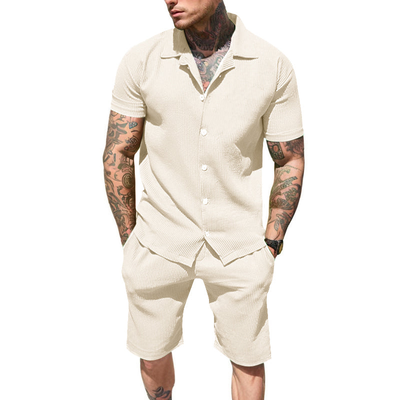 UOUA 2 Piece Short Sets for Men Summer Beach Outfits Stripe Texture Button Down Shirts & Shorts Casual Vacation Set