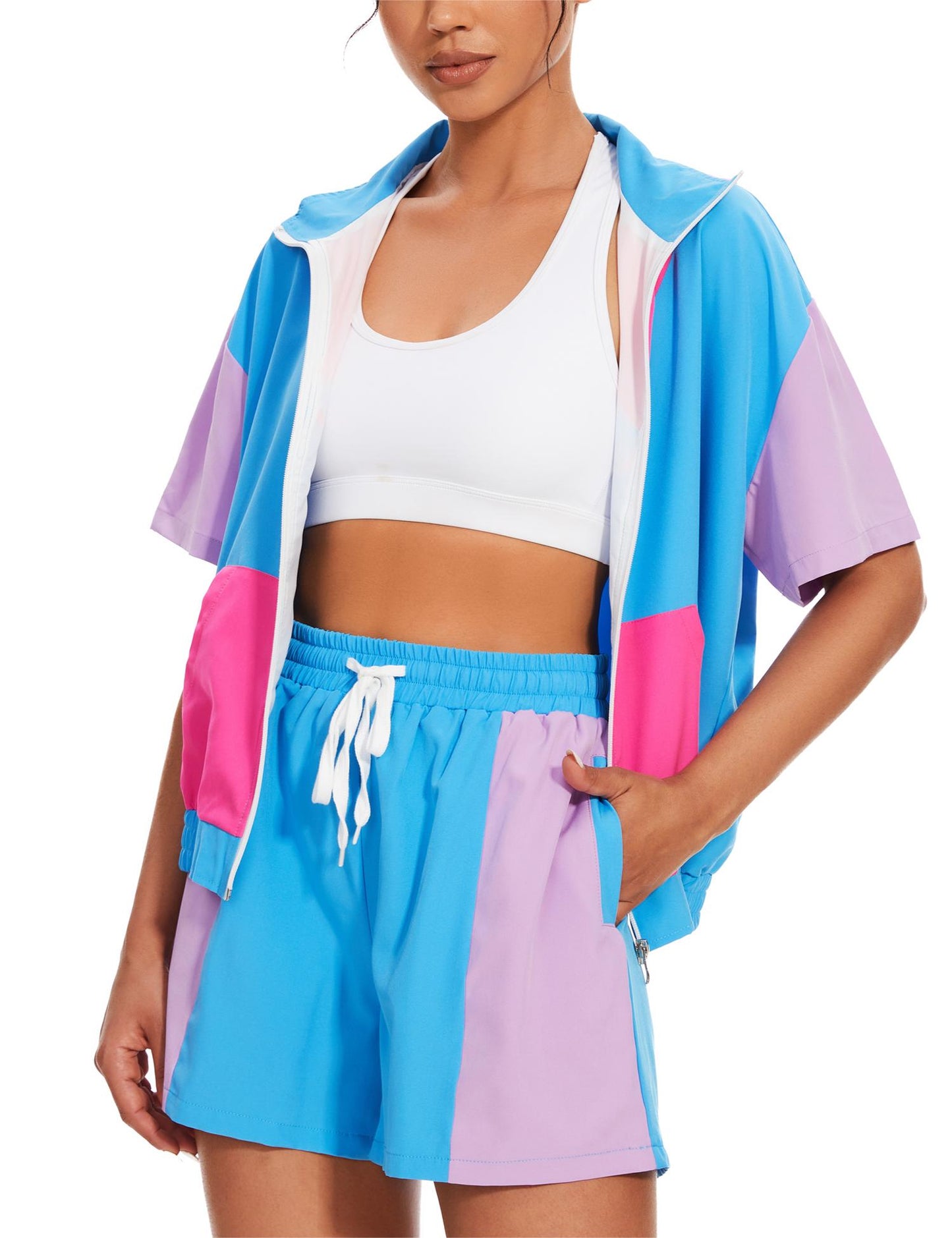 UOUA Women's 80s Color Block Outfits 2 Piece Tracksuit 90s Party Costume Summer Zip Up Windbreaker & Short Sets