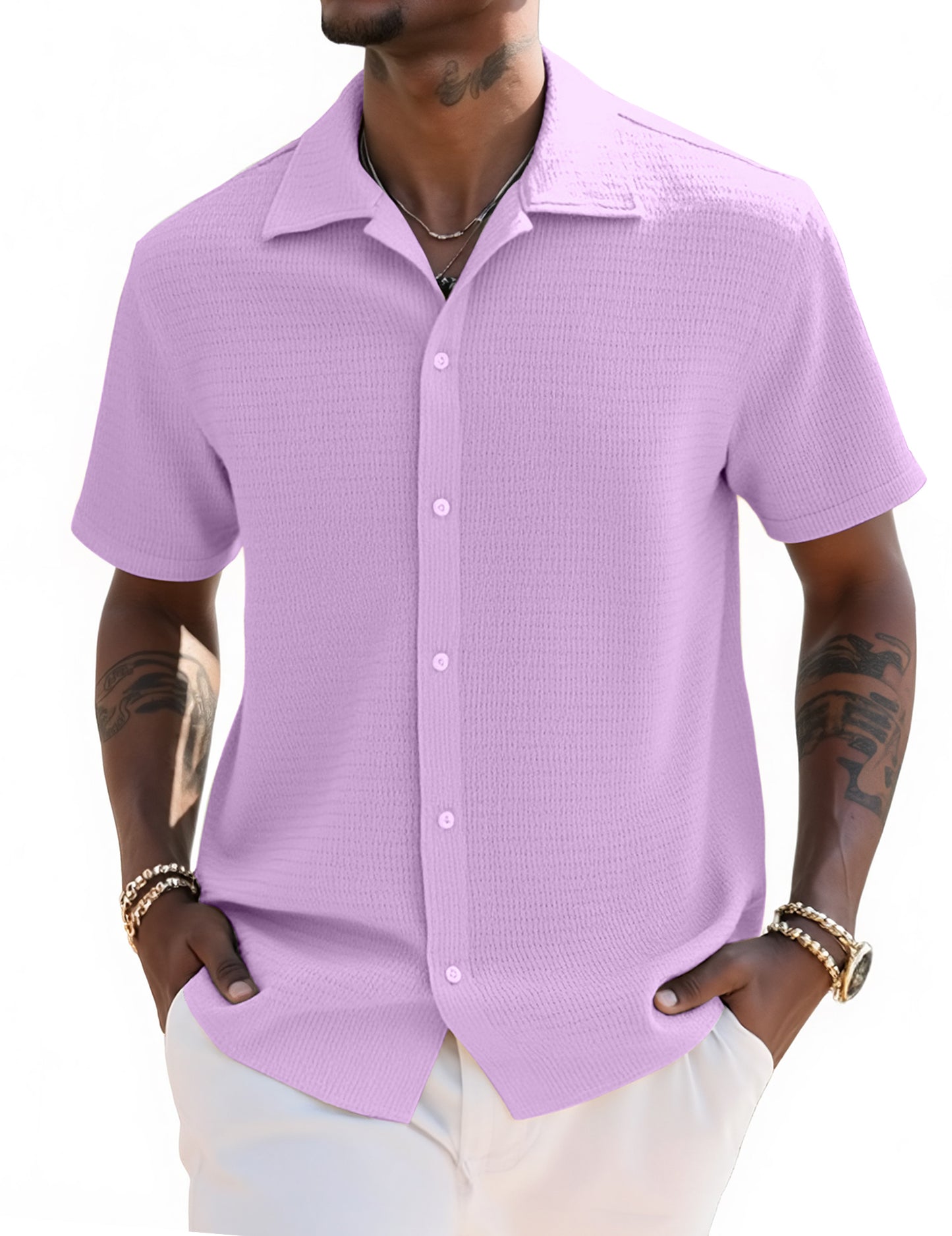 UOUA Men's Casual Button Down Shirts Short Sleeve Summer Textured Tops for Beach Vacation