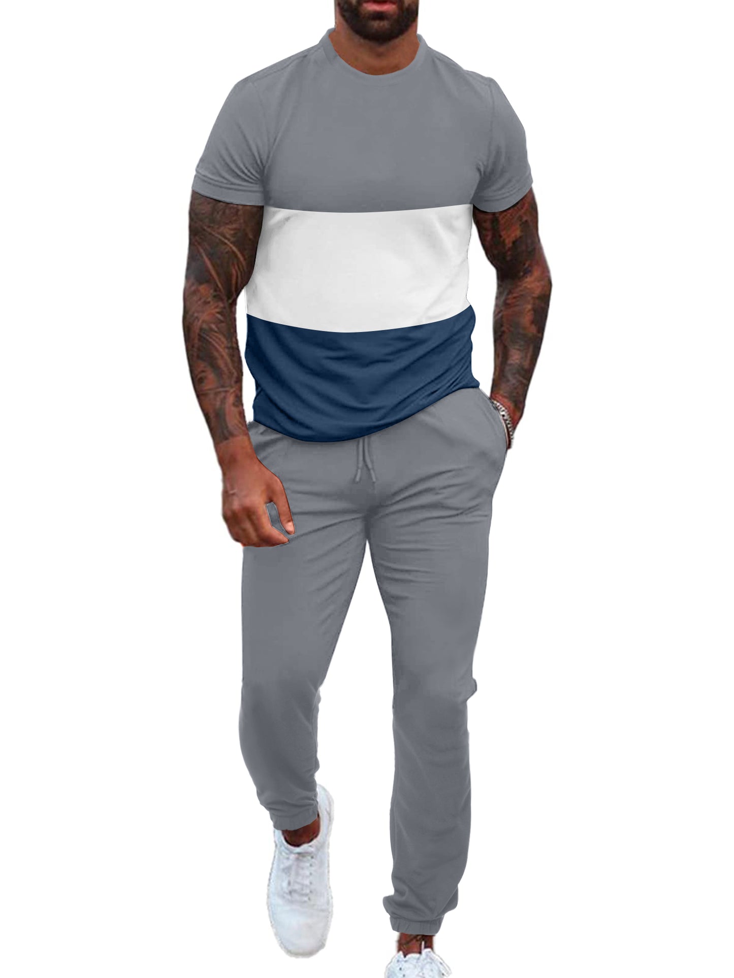 UOUA Mens 2 Piece Sweatsuits Outfits Short Sleeve Pullover Loungewear & Joggers Sweatpants Summer Casual Track Suits Set