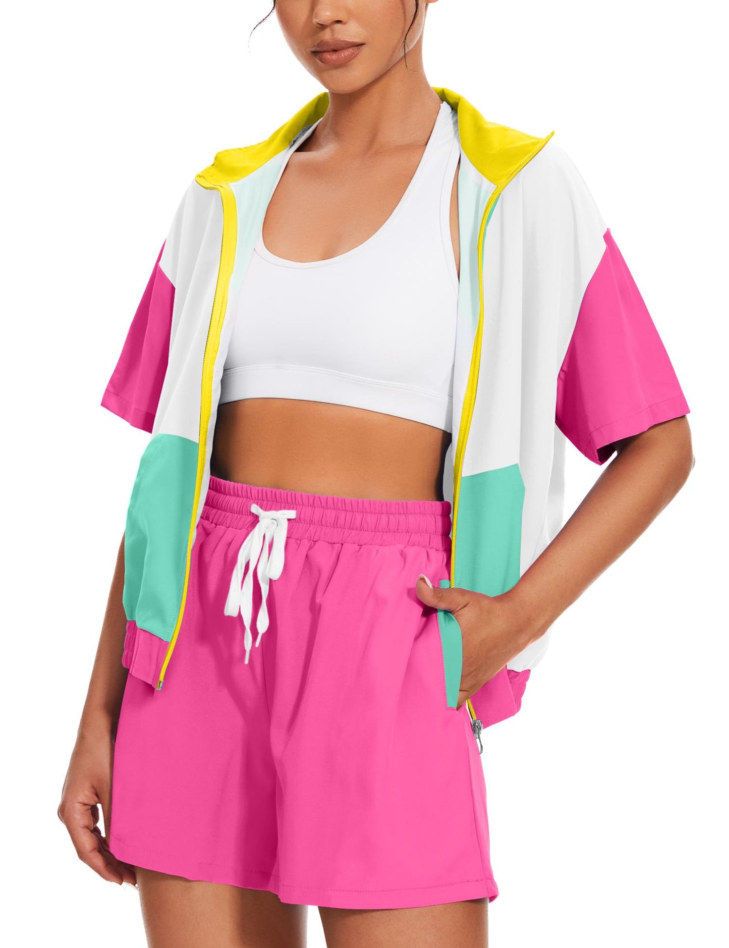 UOUA Women's 80s Color Block Outfits 2 Piece Tracksuit 90s Party Costume Summer Zip Up Windbreaker & Short Sets