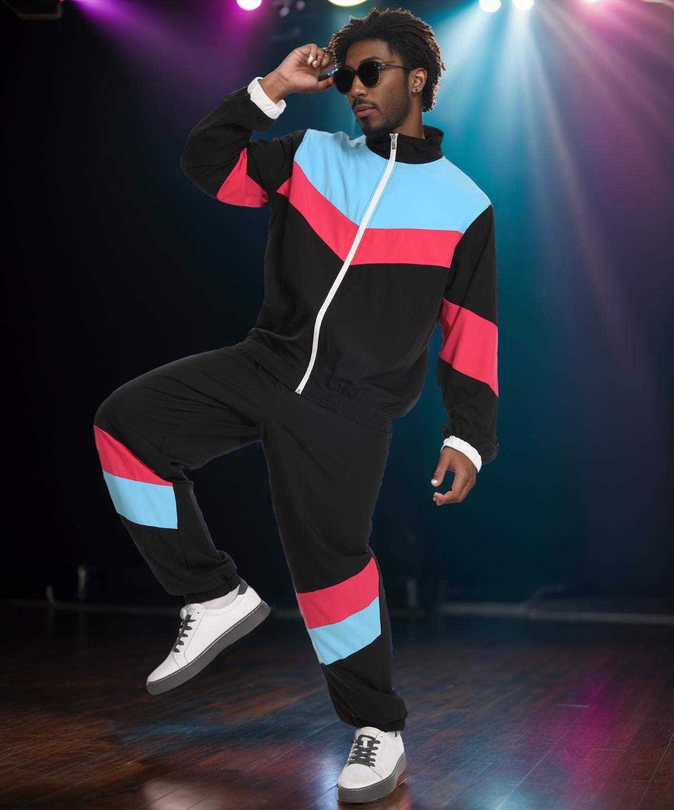 UOUA 80s Outfit for Men 90s Tracksuit Costume for Halloween 70s Windbreaker Jacket Track Suit 2 Piece Hip Hop Set
