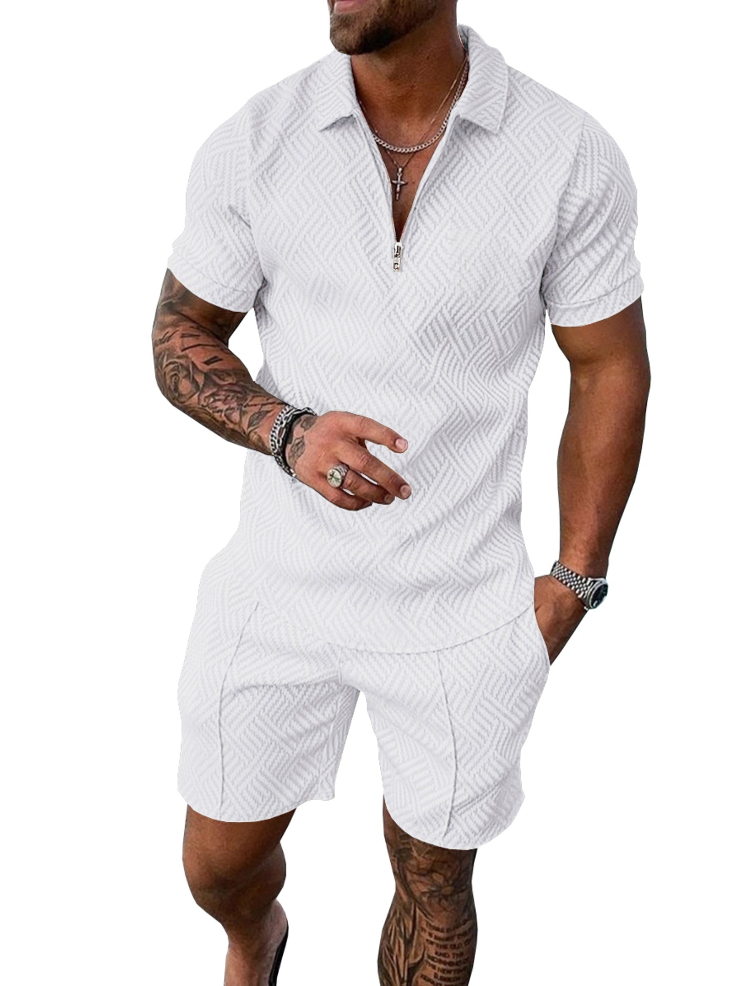 Men's 2 Piece Outfits Short Sleeve 1/4 Zip Golf Polo Shirt & Shorts Set