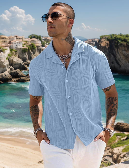 UOUA Men's Summer Button Down Shirts Casual Short Sleeve Textured Beach Shirt