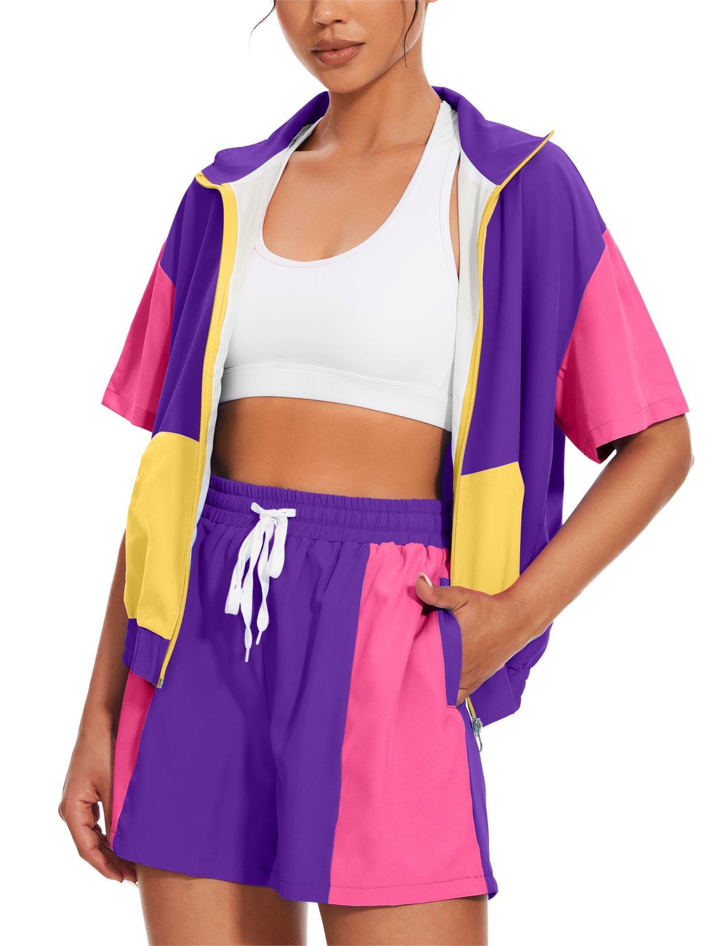 UOUA Women's 80s Color Block Outfits 2 Piece Tracksuit 90s Party Costume Summer Zip Up Windbreaker & Short Sets