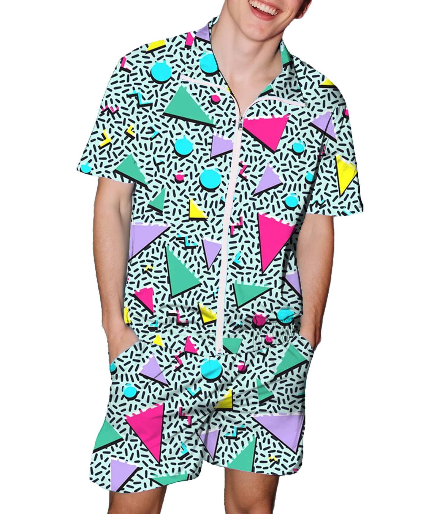 UOUA 80s Outfit for Men 90s Color Block Costumes 2 Piece Retro Short Sleeve Jacket & Shorts Set for Party