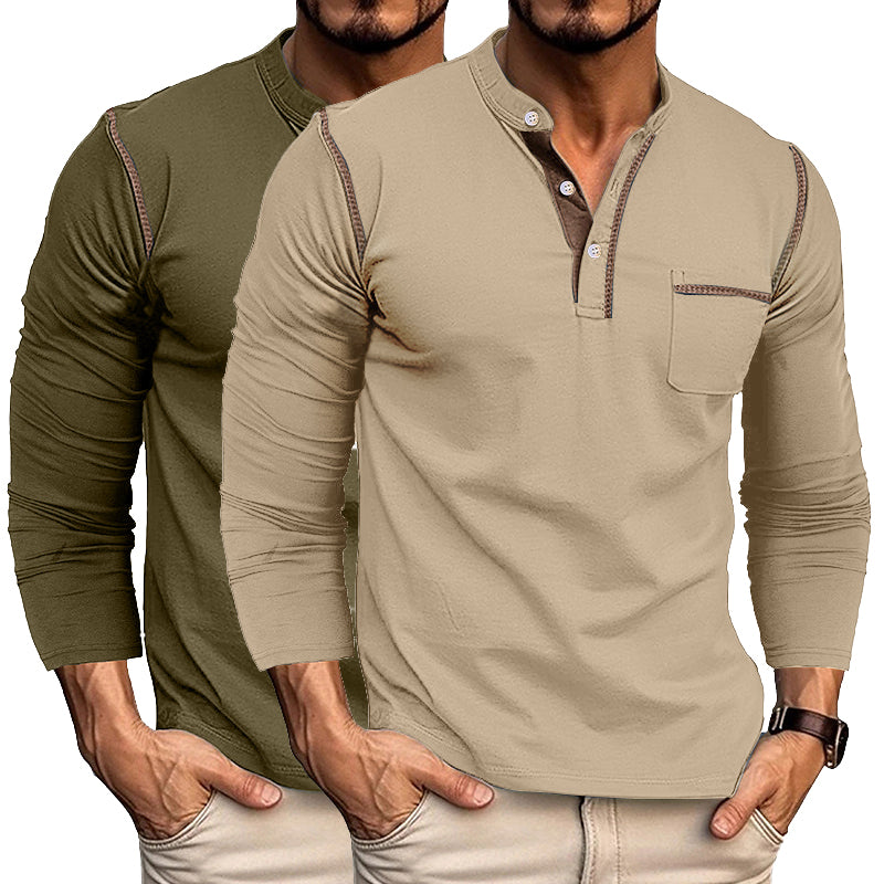 2pcs Men's Henley Shirts Long Sleeve Casual T-Shirts Cotton Basic Tops
