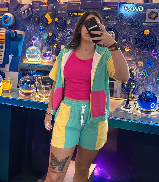 UOUA Women's 80s Color Block Outfits 2 Piece Tracksuit 90s Party Costume Summer Zip Up Windbreaker & Short Sets