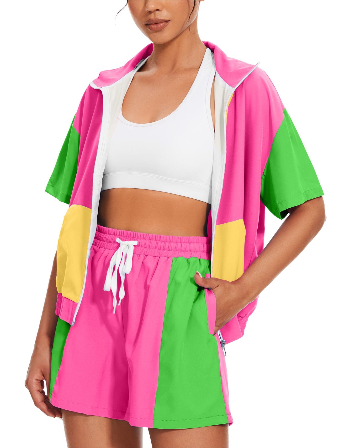 UOUA Women's 80s Color Block Outfits 2 Piece Tracksuit 90s Party Costume Summer Zip Up Windbreaker & Short Sets