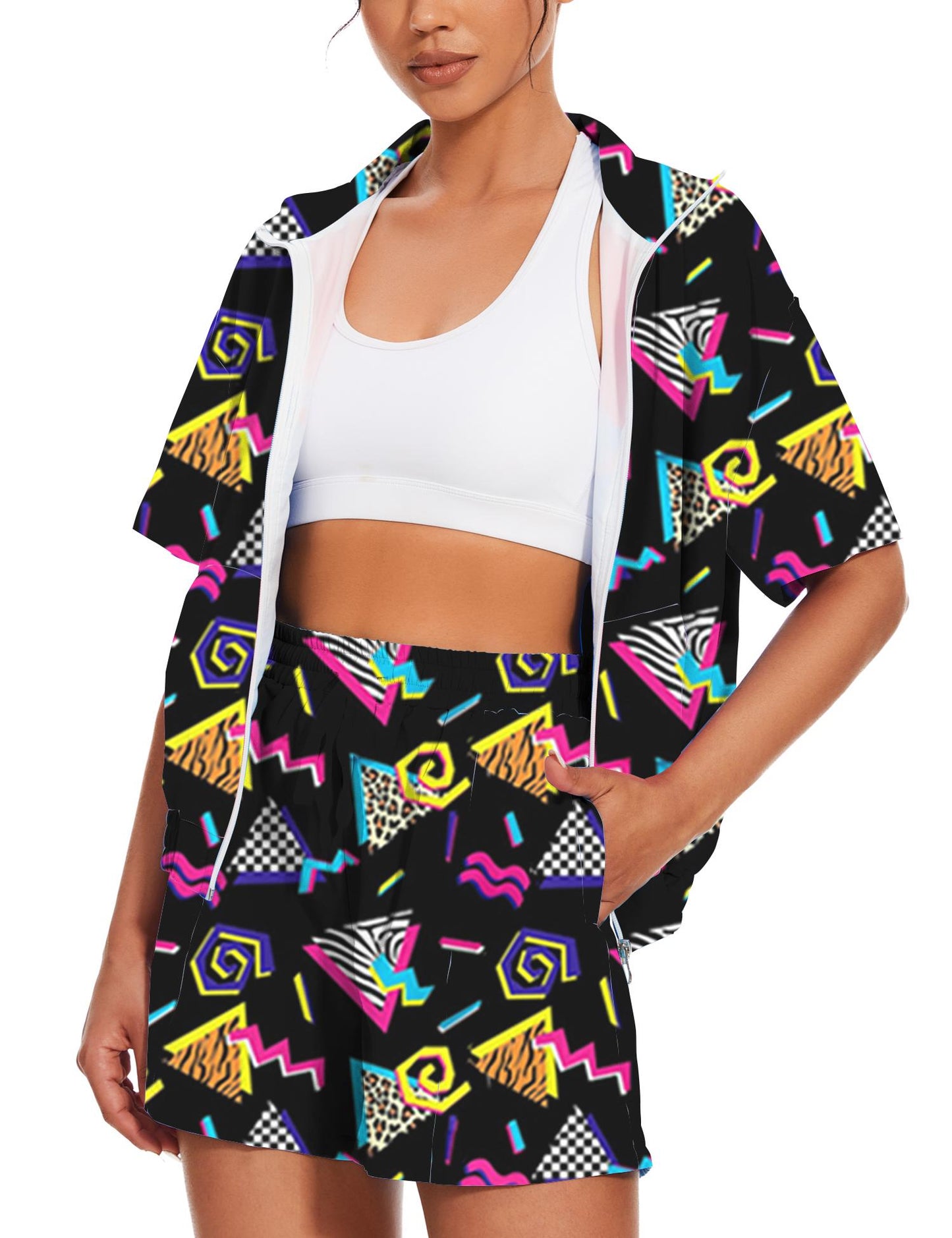 UOUA Women's 80s Color Block Outfits 2 Piece Tracksuit 90s Party Costume Summer Zip Up Windbreaker & Short Sets