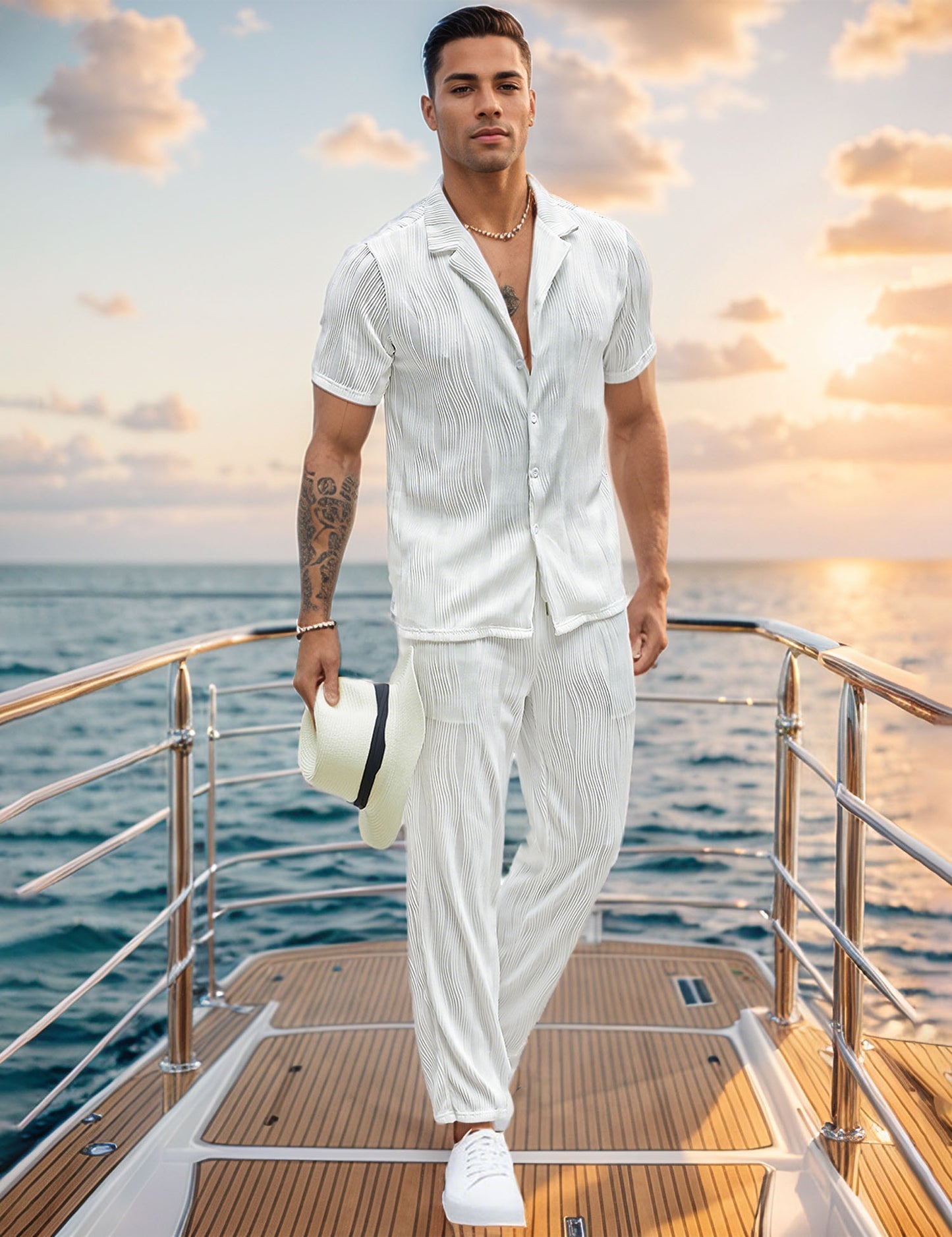 UOUA Mens 2 Piece Outfits Casual short Sleeve Button Down Shirt & Pants Sets Beach Summer Loose Pant Suits