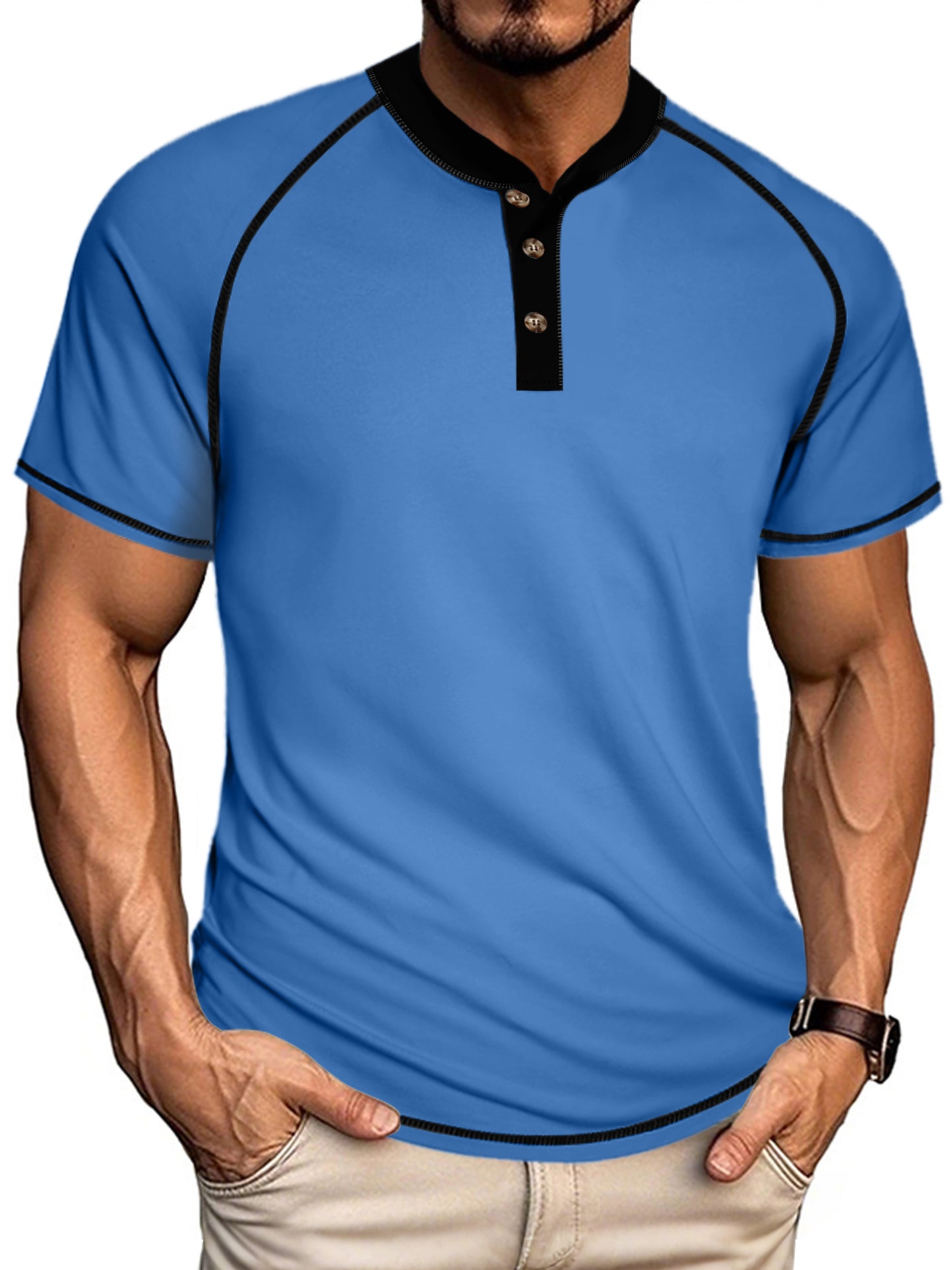 UOUA Men's Henley Shirts Raglan Short Sleeve Casual T-Shirts Cotton Basic Tops