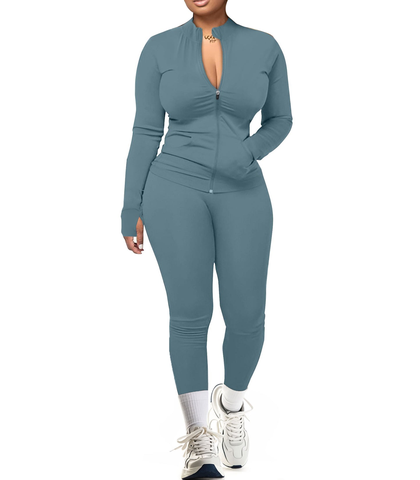 UOUA Two Piece Outfits Women Tracksuit Sets Long Sleeve Zip Up Jacket & Leggings for Gym Workout Set