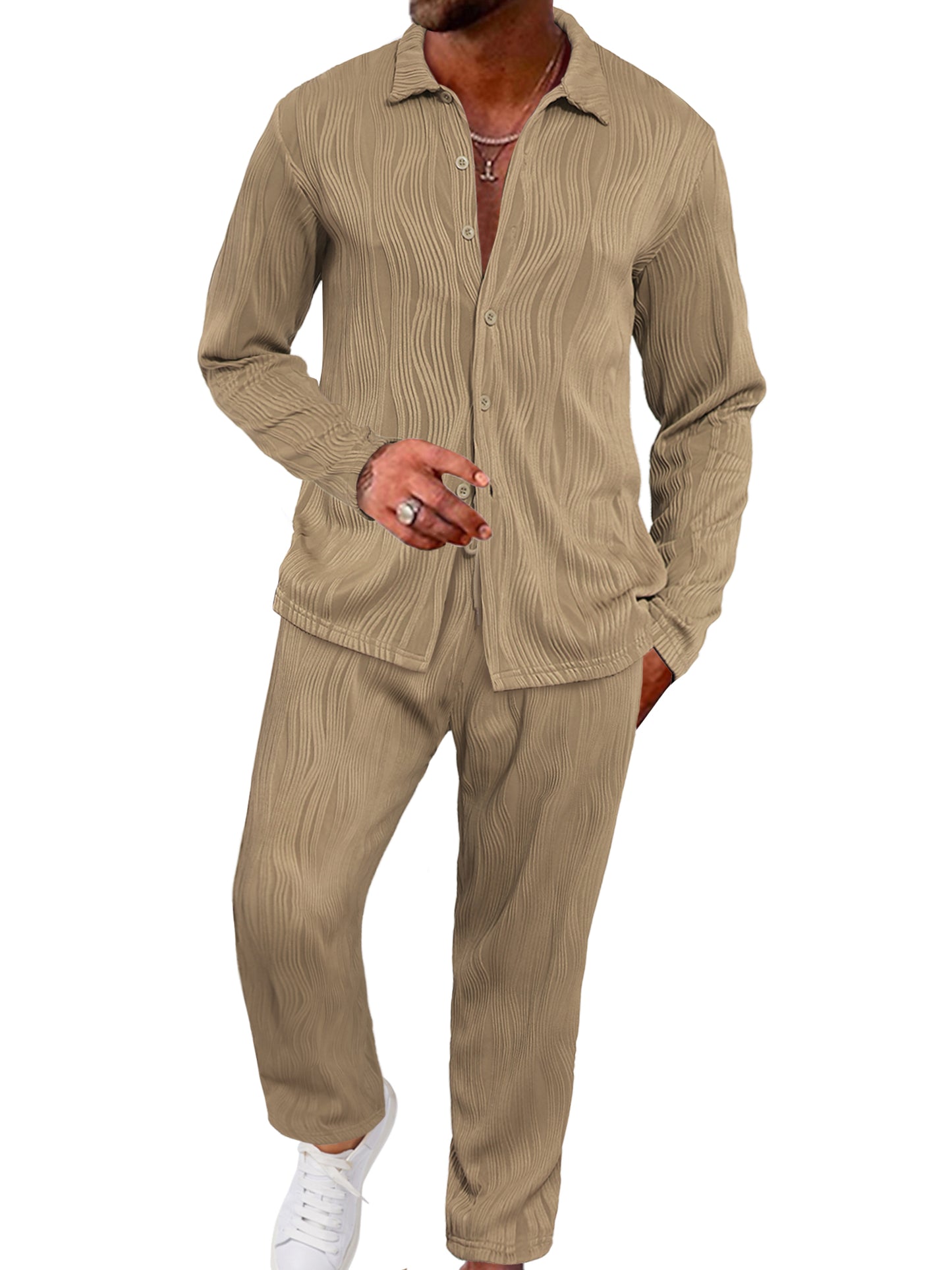 UOUA Mens 2 Piece Outfits Casual Long Sleeve Button Down Shirt & Pants Sets Beach Summer Loose Pant Suits