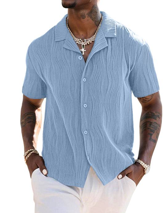 UOUA Men's Summer Button Down Shirts Casual Short Sleeve Textured Beach Shirt