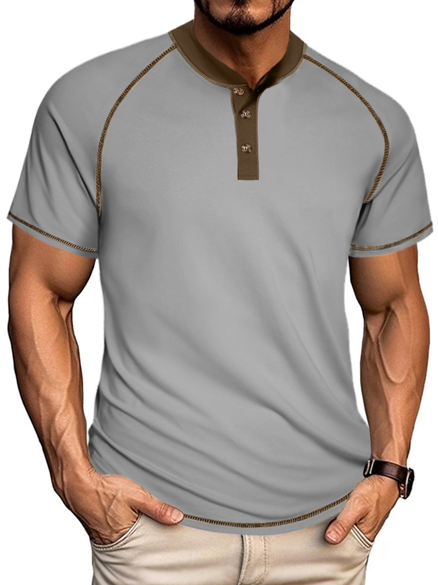 UOUA Men's Henley Shirts Raglan Short Sleeve Casual T-Shirts Cotton Basic Tops