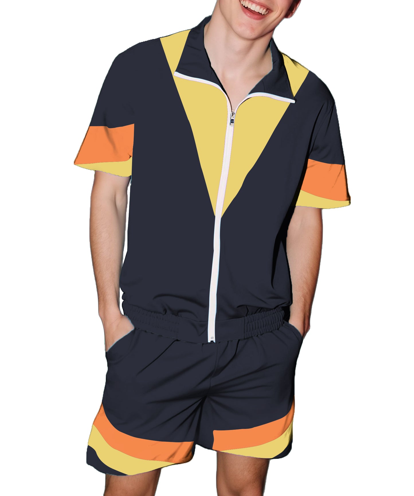 UOUA 80s Outfit for Men 90s Color Block Costumes 2 Piece Retro Short Sleeve Jacket & Shorts Set for Party