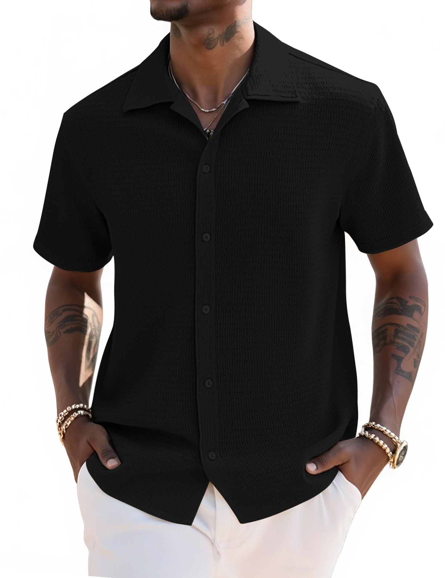 UOUA Men's Casual Button Down Shirts Short Sleeve Summer Textured Tops for Beach Vacation