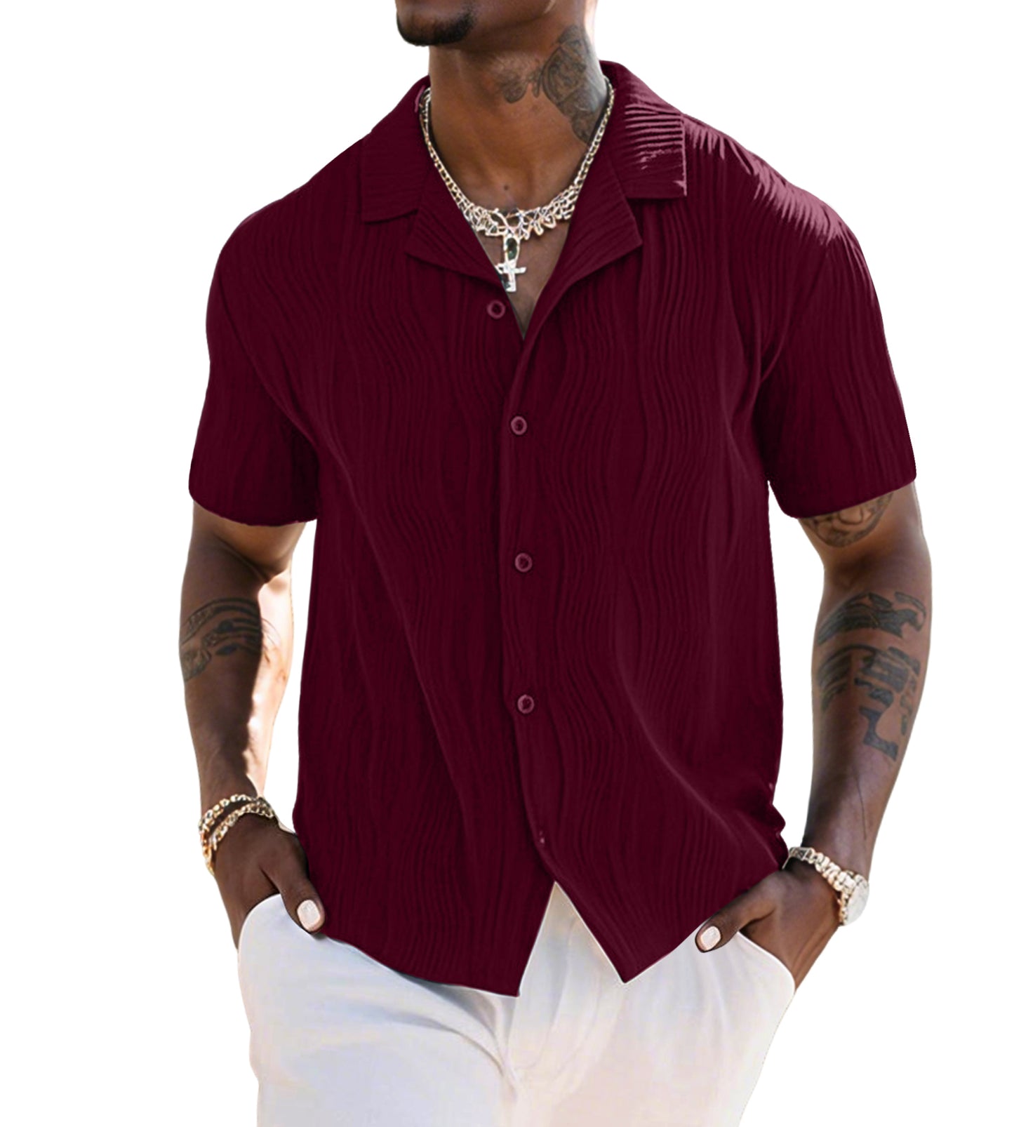 UOUA Men's Summer Button Down Shirts Casual Short Sleeve Textured Beach Shirt
