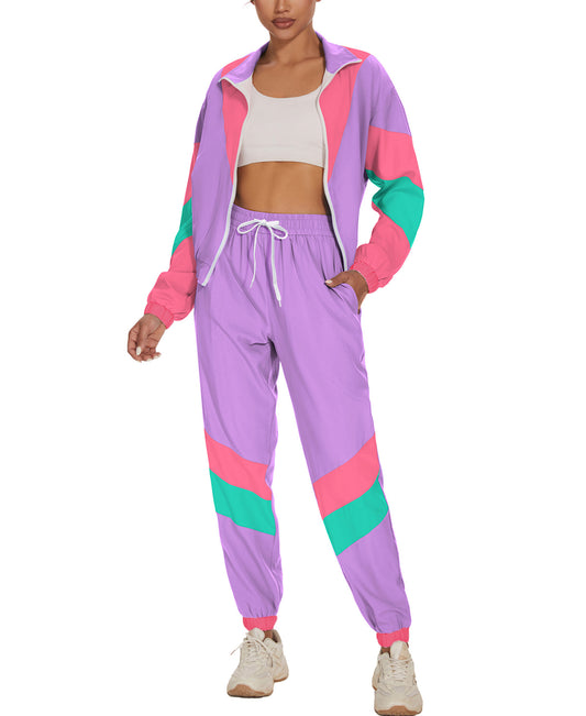 UOUA Women's Color Block 2 Piece 80s 90s Outfits Long Sleeve Windbreaker Jacket Tracksuit Set